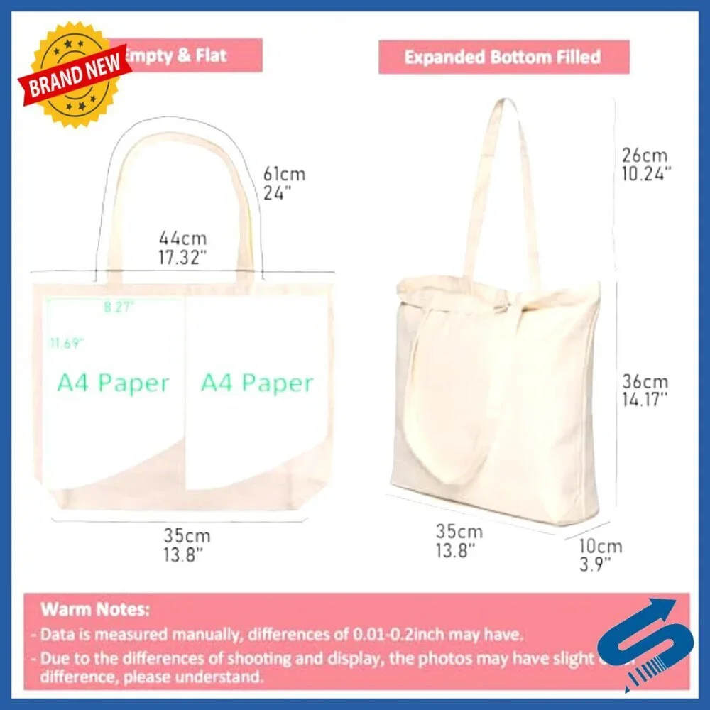 Canvas Tote Bags with Zipper Reusable Washable Grocery Shopping Plain Totes